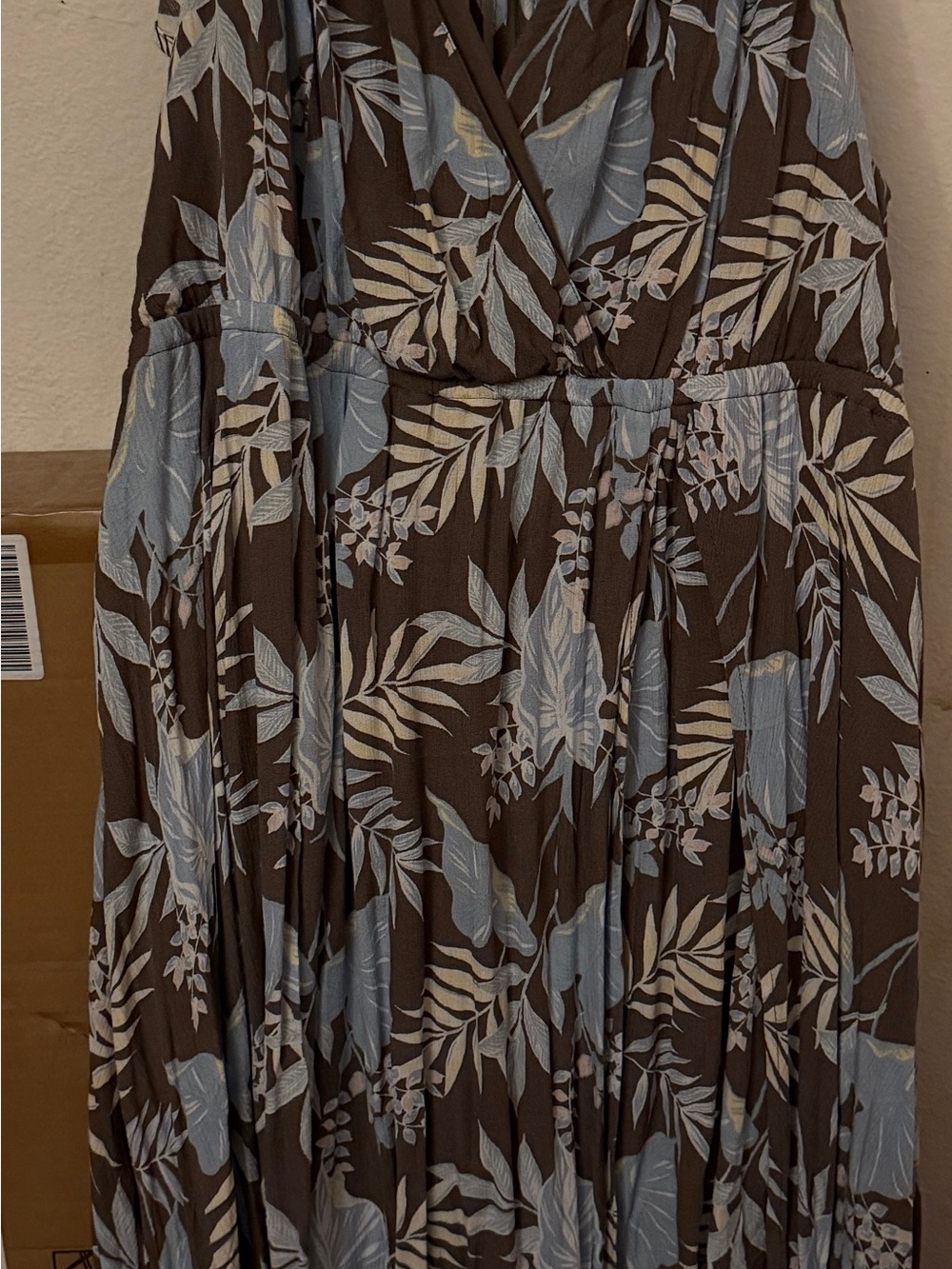 Brown Romper Maxi Dress with Light Blue and Cream Leaf Print